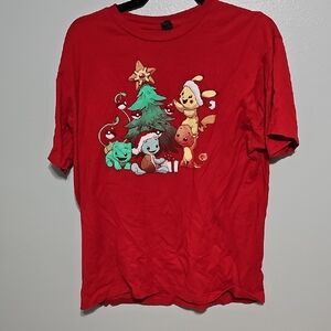 Red Graphic T-Shirt with Christmas Pokemon Cute Characters L